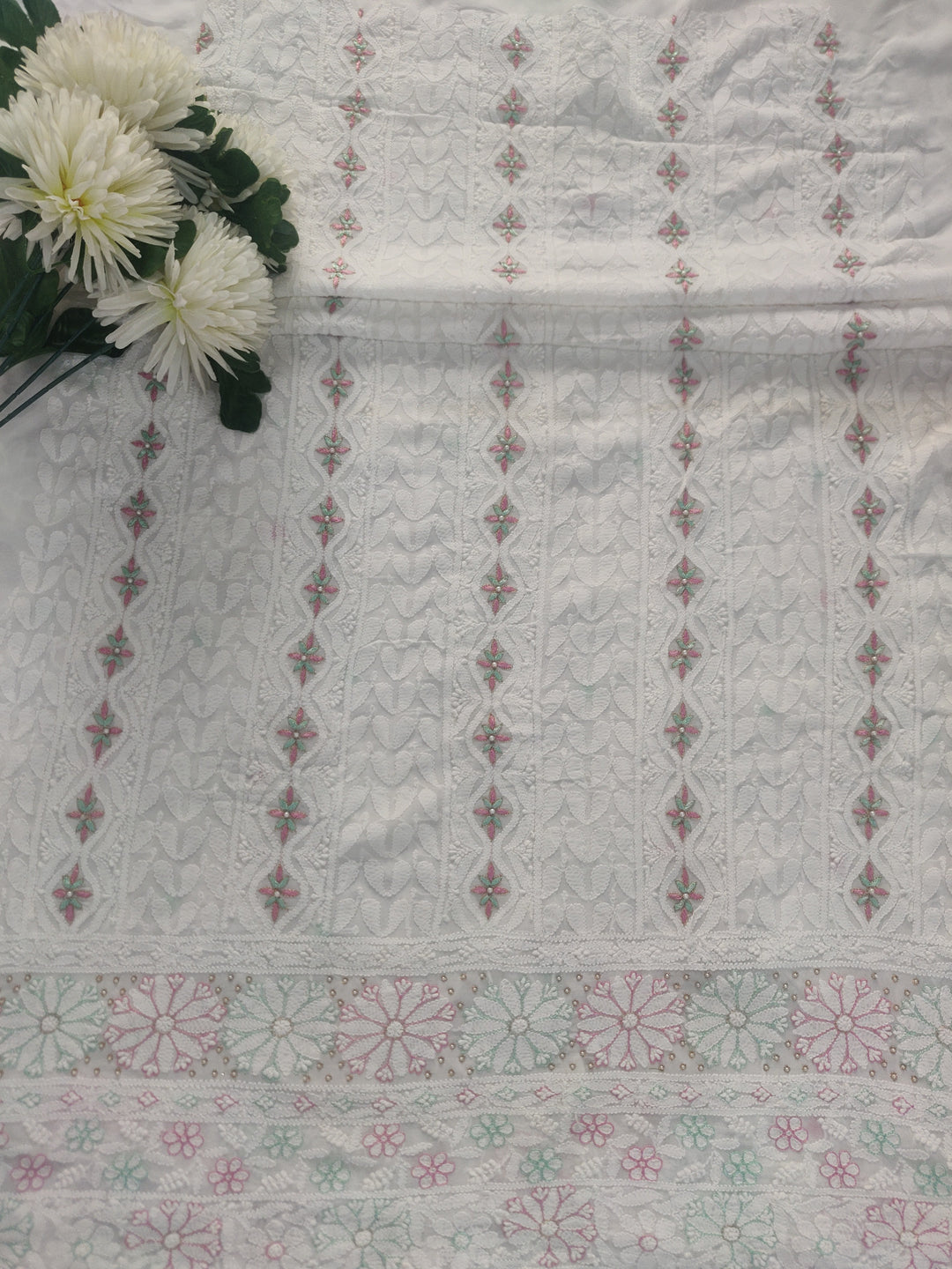 White Pure Georgette Chikankari kurta Dupatta Fabric