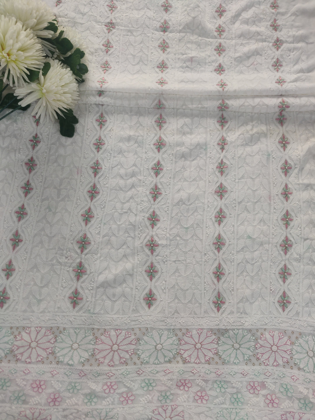 White Pure Georgette Chikankari kurta Dupatta Fabric