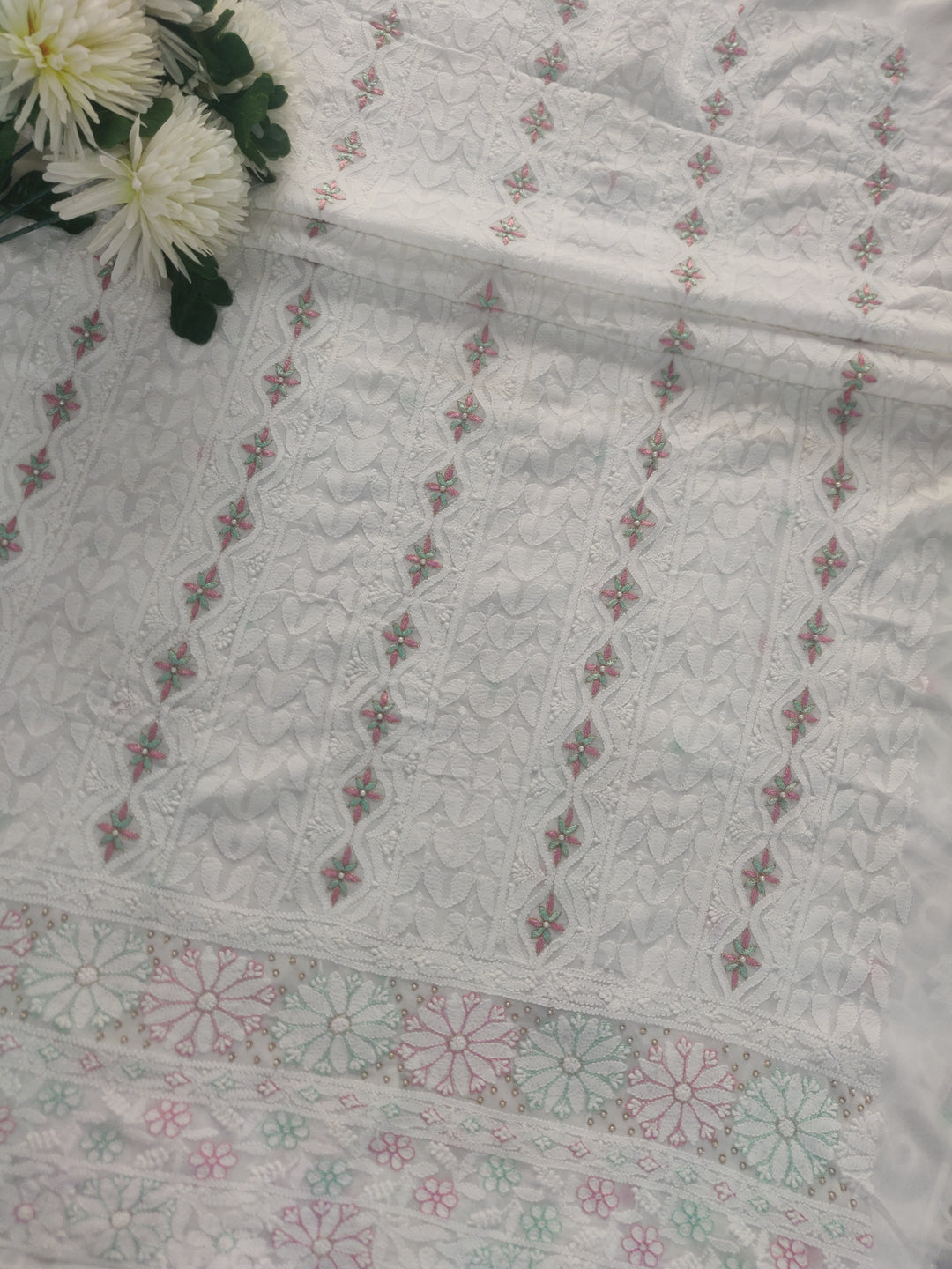 White Pure Georgette Chikankari kurta Dupatta Fabric