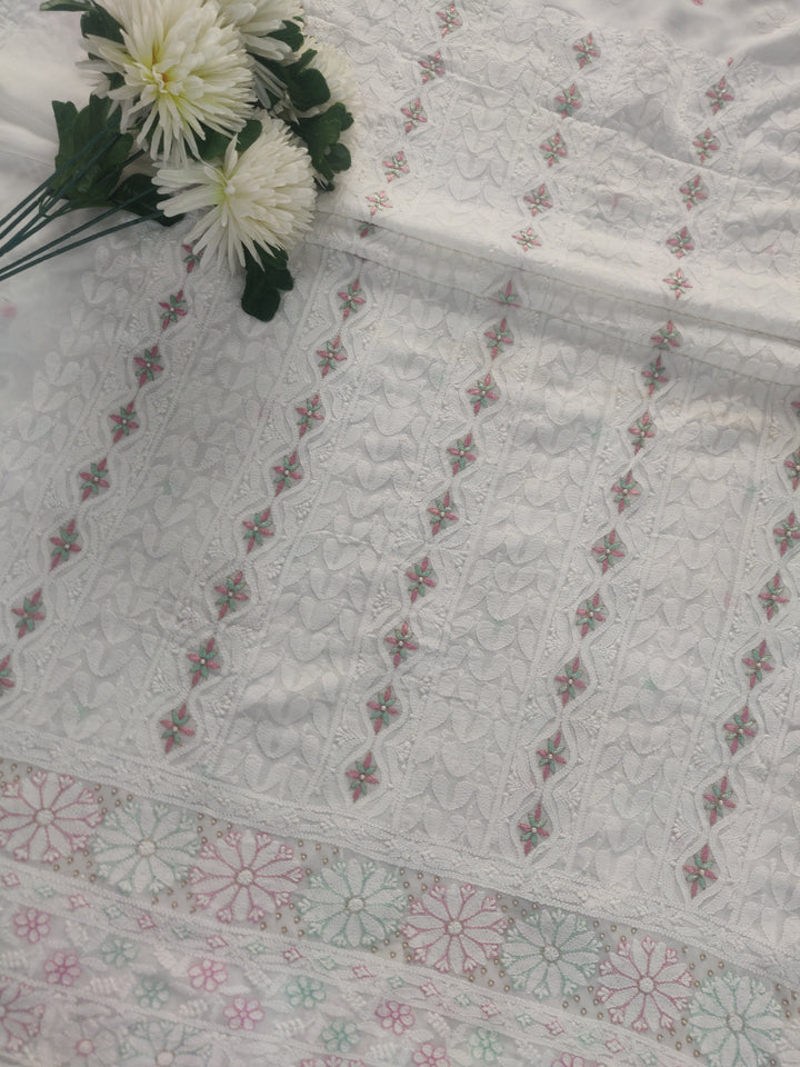 White Pure Georgette Chikankari kurta Dupatta Fabric