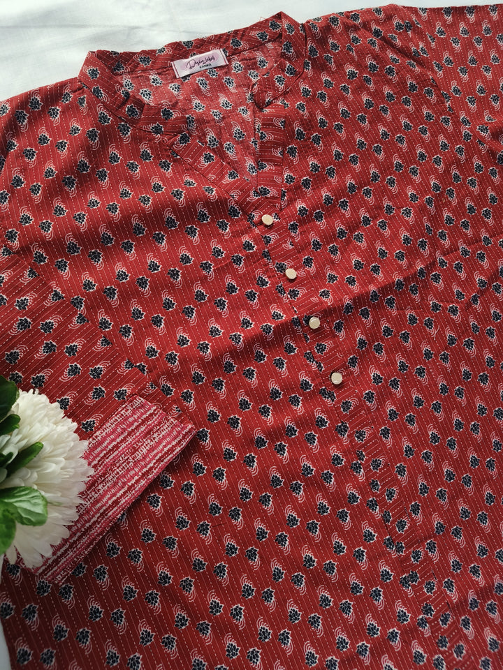 Maroon Printed Cotton Short kurta