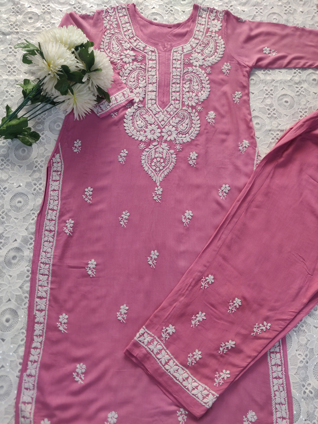 Onion Pink Rayon Chikankari Set