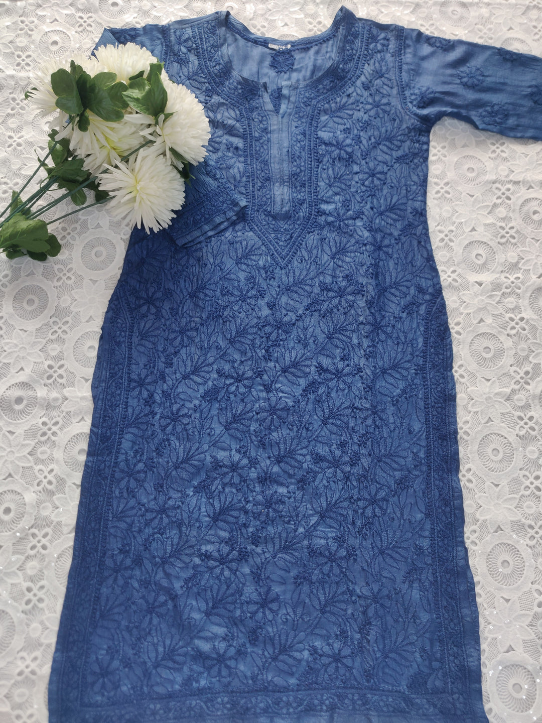 Navy Blue Silk Chikankari kurta