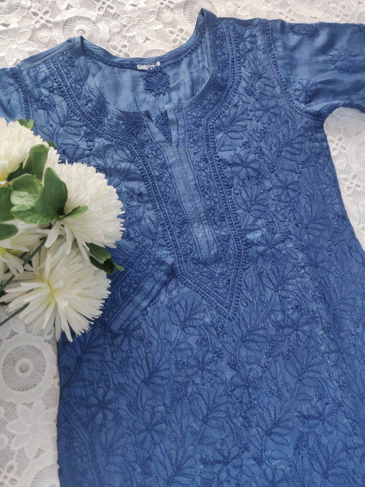 Navy Blue Silk Chikankari kurta