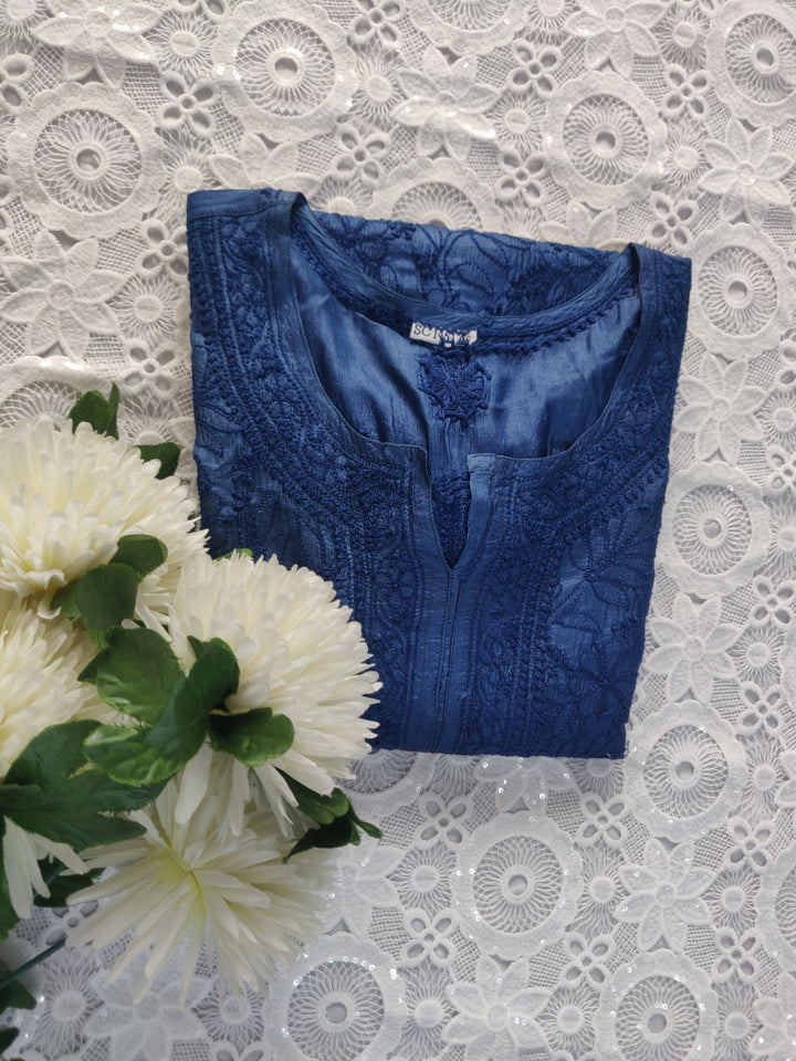 Navy Blue Silk Chikankari kurta