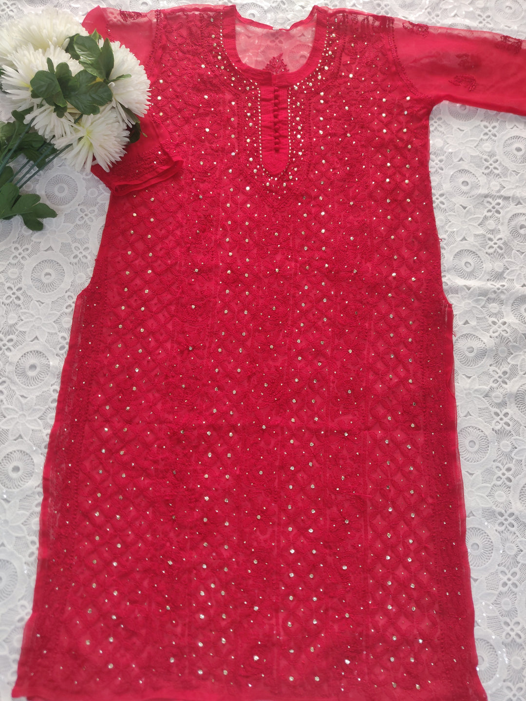 Red Georgette Chikankari kurta