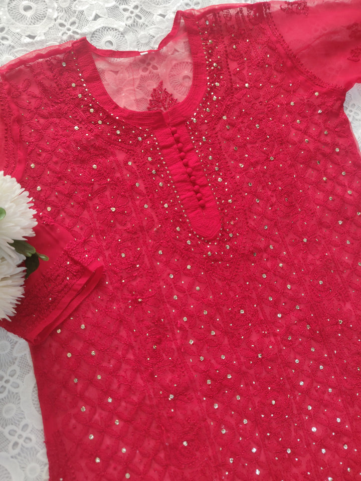 Red Georgette Chikankari kurta