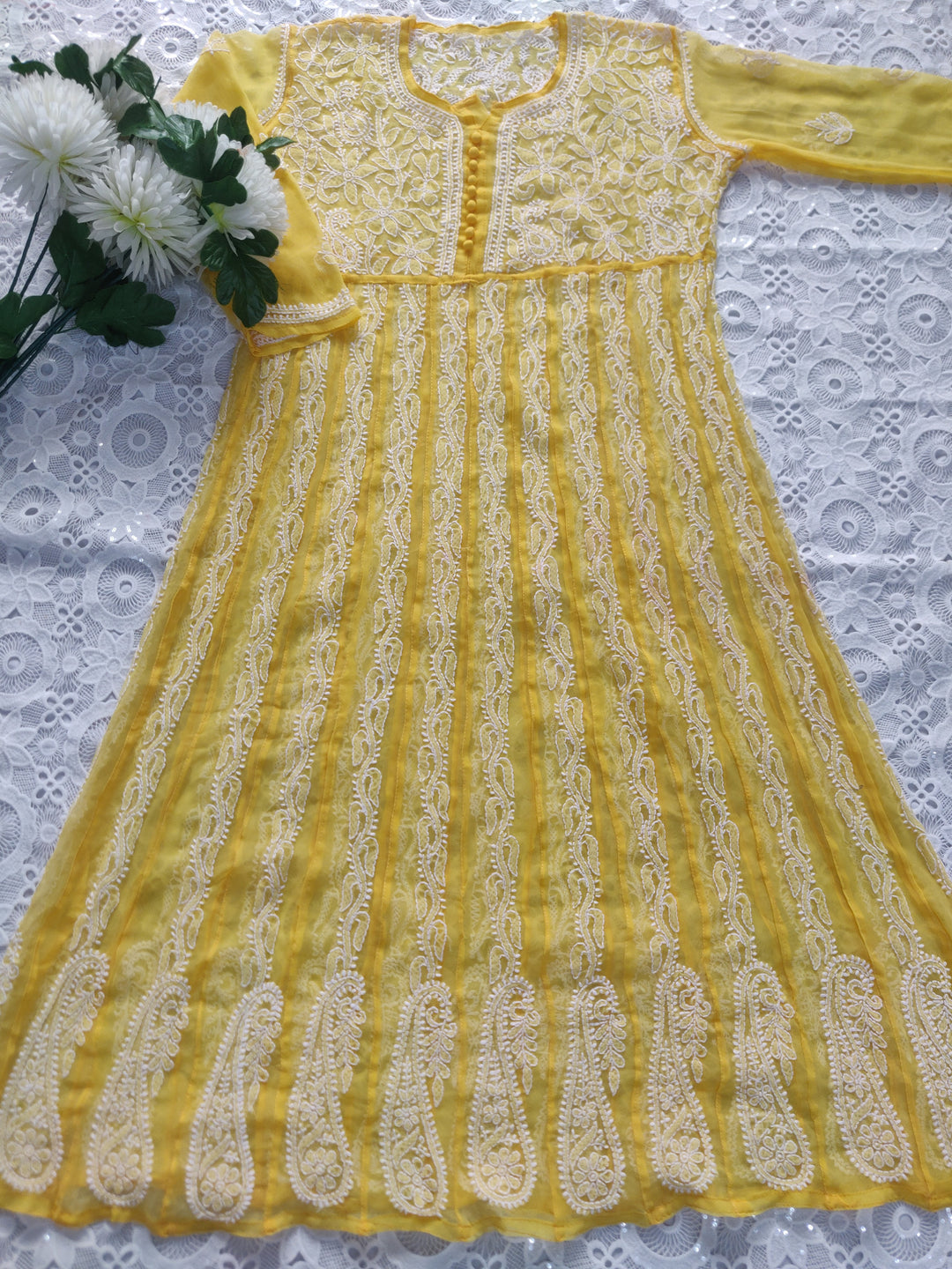 Yellow Georgette Chikankari Anarkali kurta
