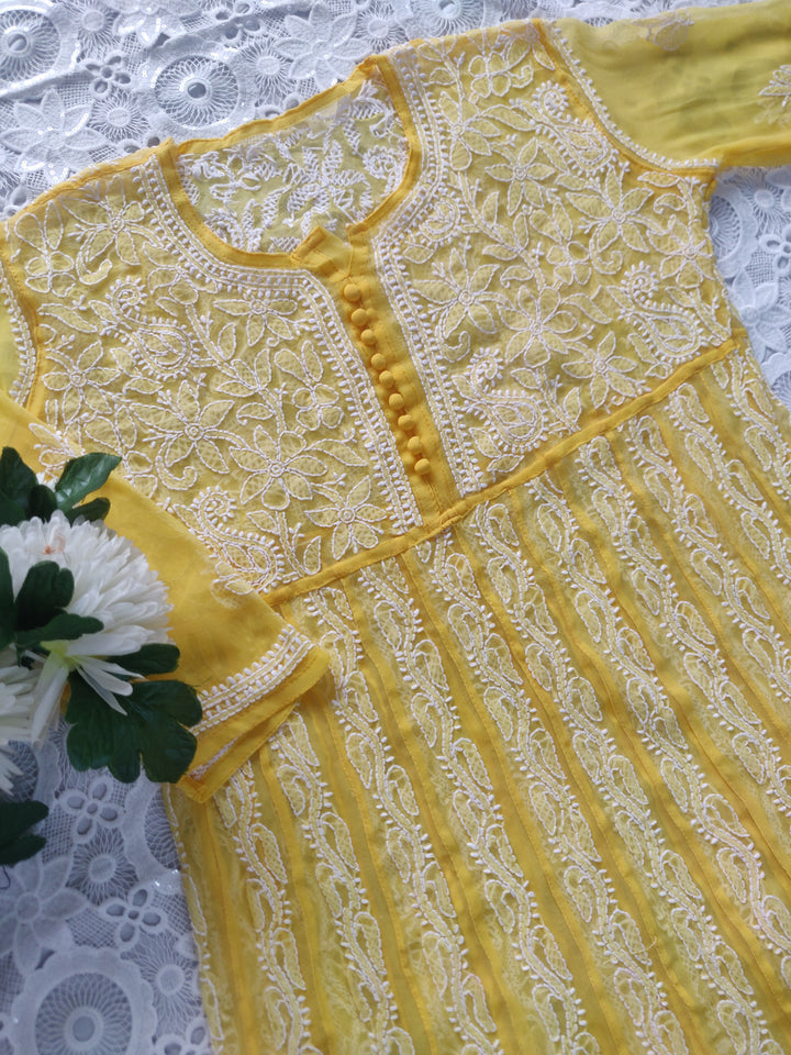 Yellow Georgette Chikankari Anarkali kurta