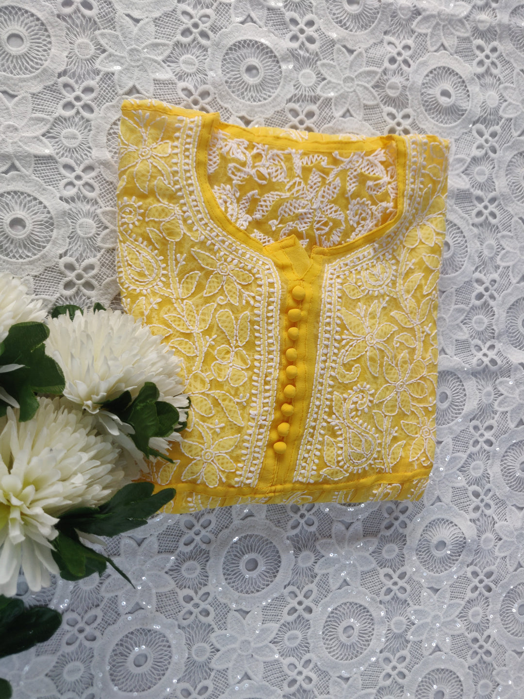 Yellow Georgette Chikankari Anarkali kurta