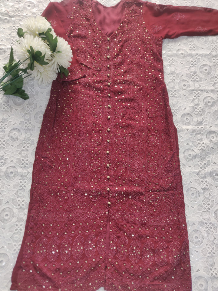 Maroon Pure Georgette Chikankari kurta