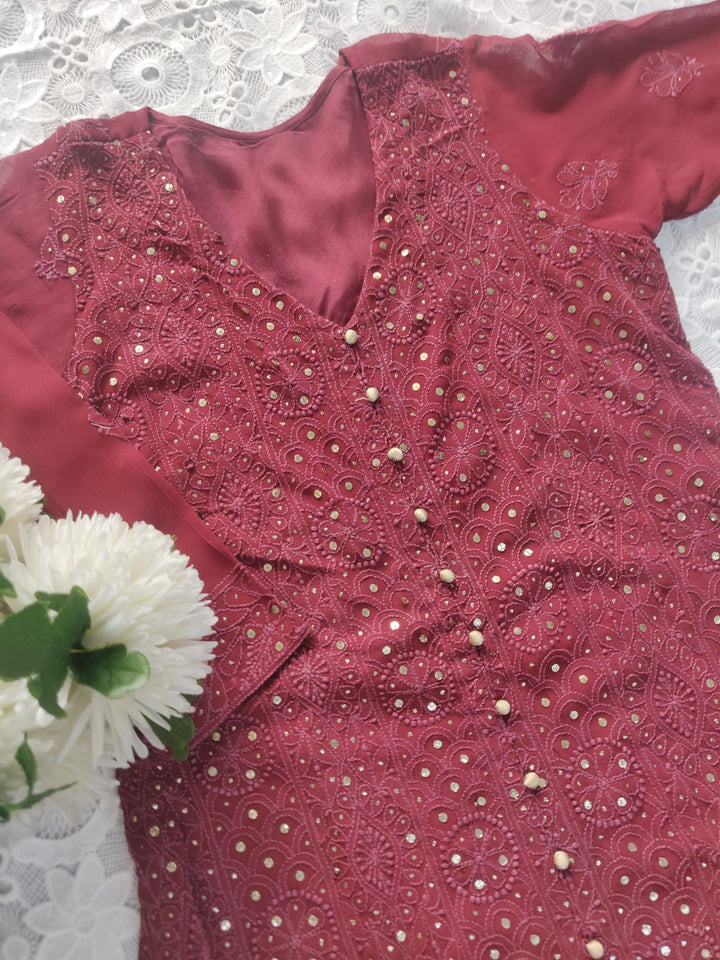 Maroon Pure Georgette Chikankari kurta