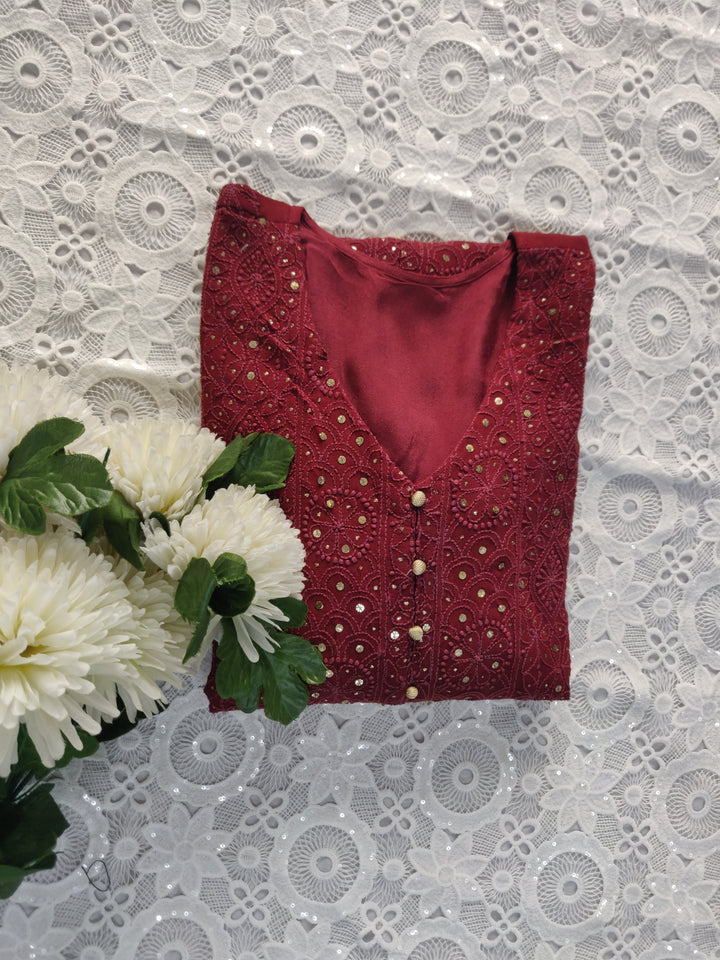 Maroon Pure Georgette Chikankari kurta