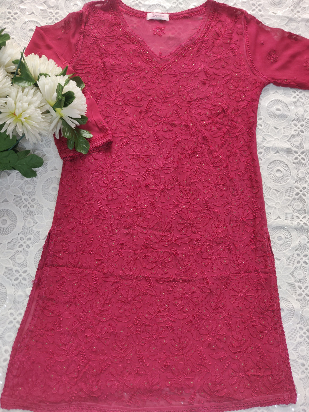 Maroon Pure Georgette Chikankari Short kurta