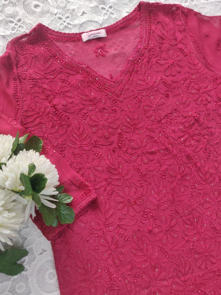 Maroon Pure Georgette Chikankari Short kurta