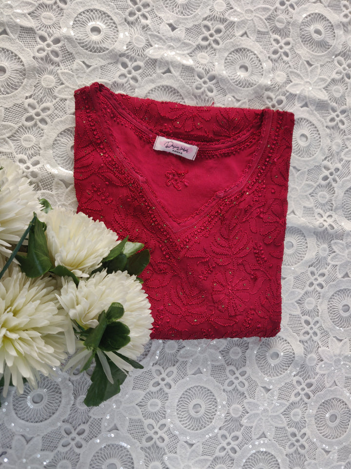 Maroon Pure Georgette Chikankari Short kurta
