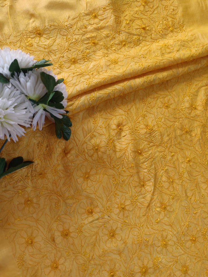 Yellow Chanderi Chikankari kurta Pant Fabric