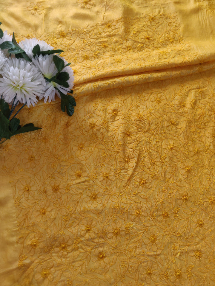 Yellow Chanderi Chikankari kurta Pant Fabric