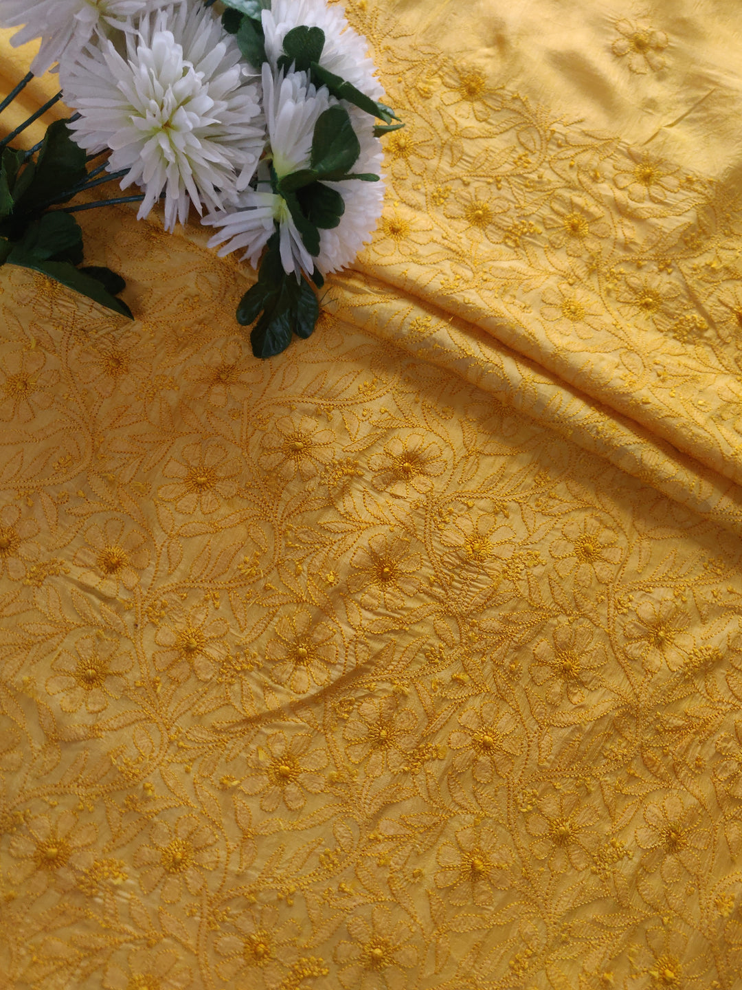 Yellow Chanderi Chikankari kurta Pant Fabric