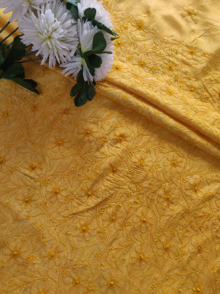Yellow Chanderi Chikankari kurta Pant Fabric