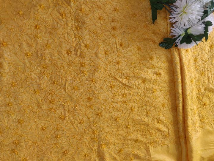 Yellow Chanderi Chikankari kurta Pant Fabric