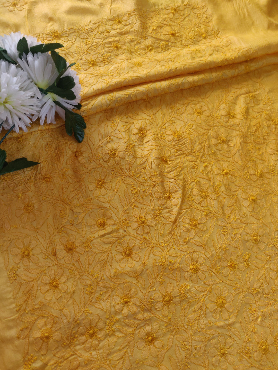 Yellow Chanderi Chikankari kurta Pant Fabric