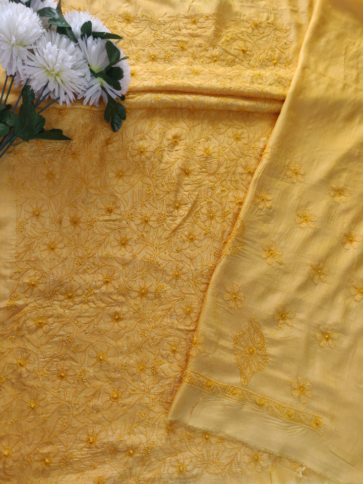 Yellow Chanderi Chikankari kurta Pant Fabric
