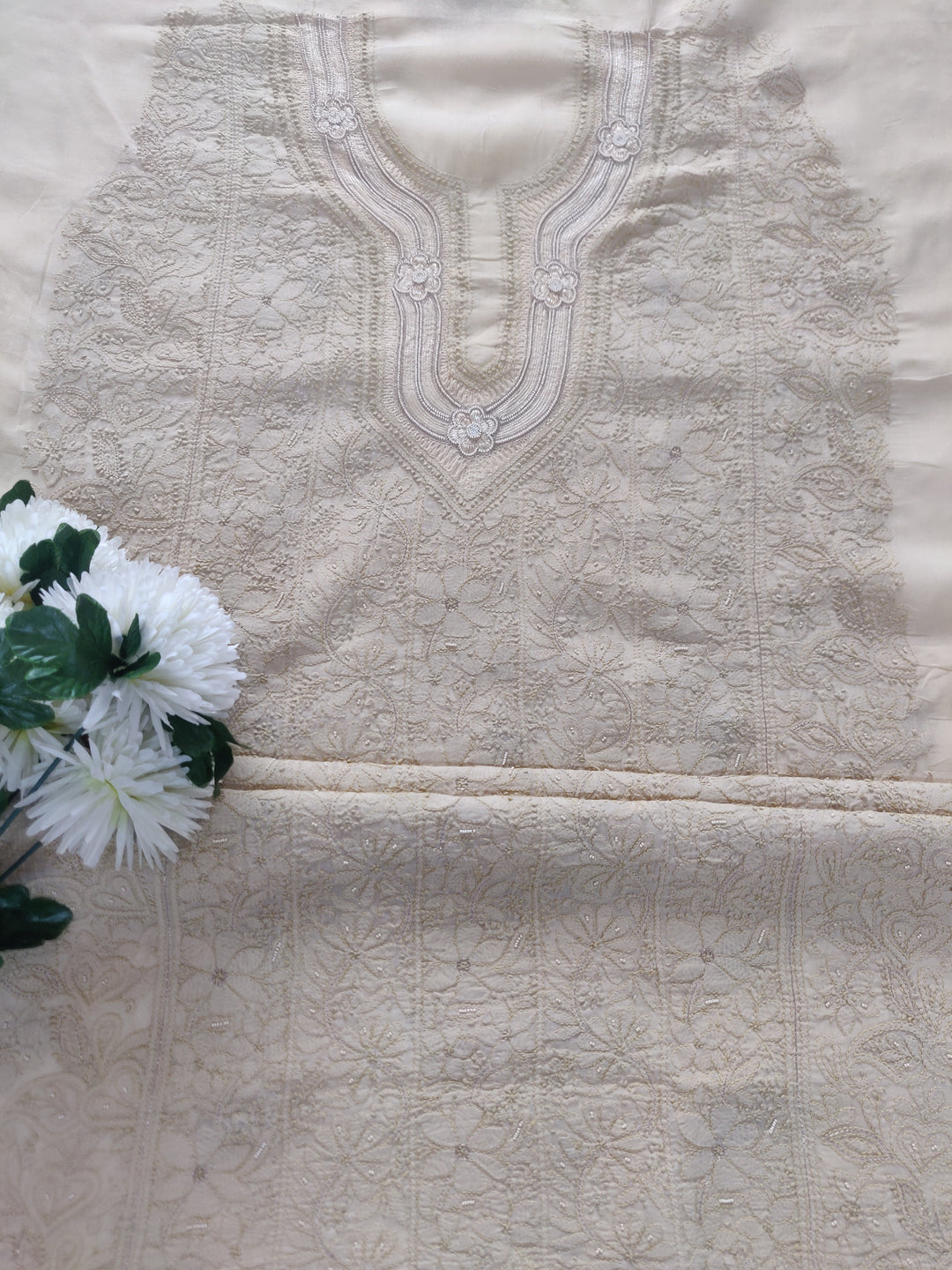 Beige Cotton Chikankari kurta Fabric