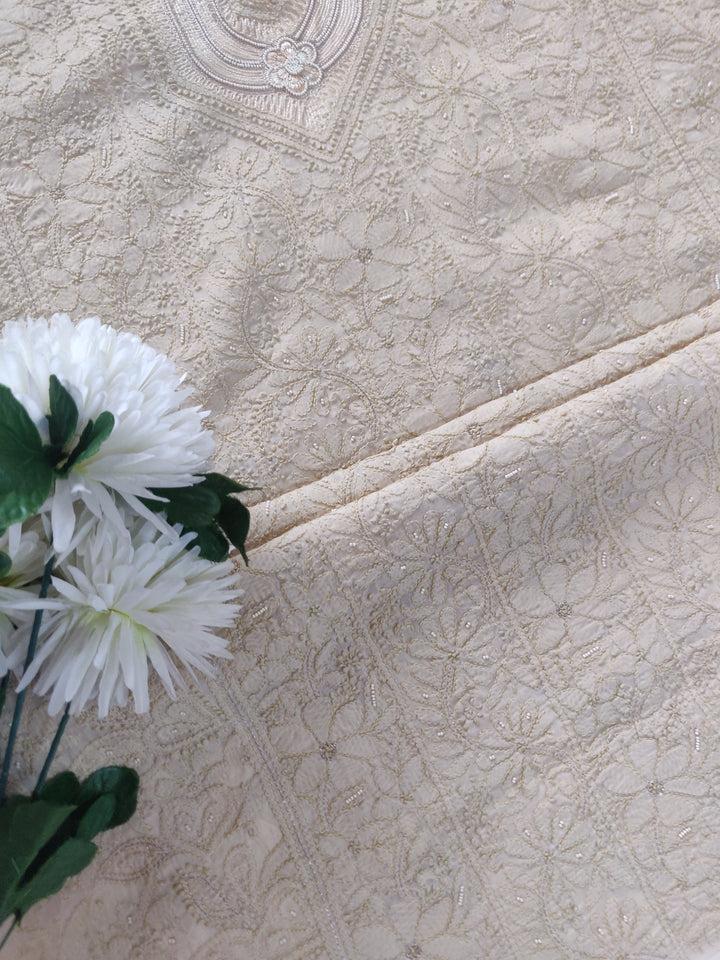 Beige Cotton Chikankari kurta Fabric