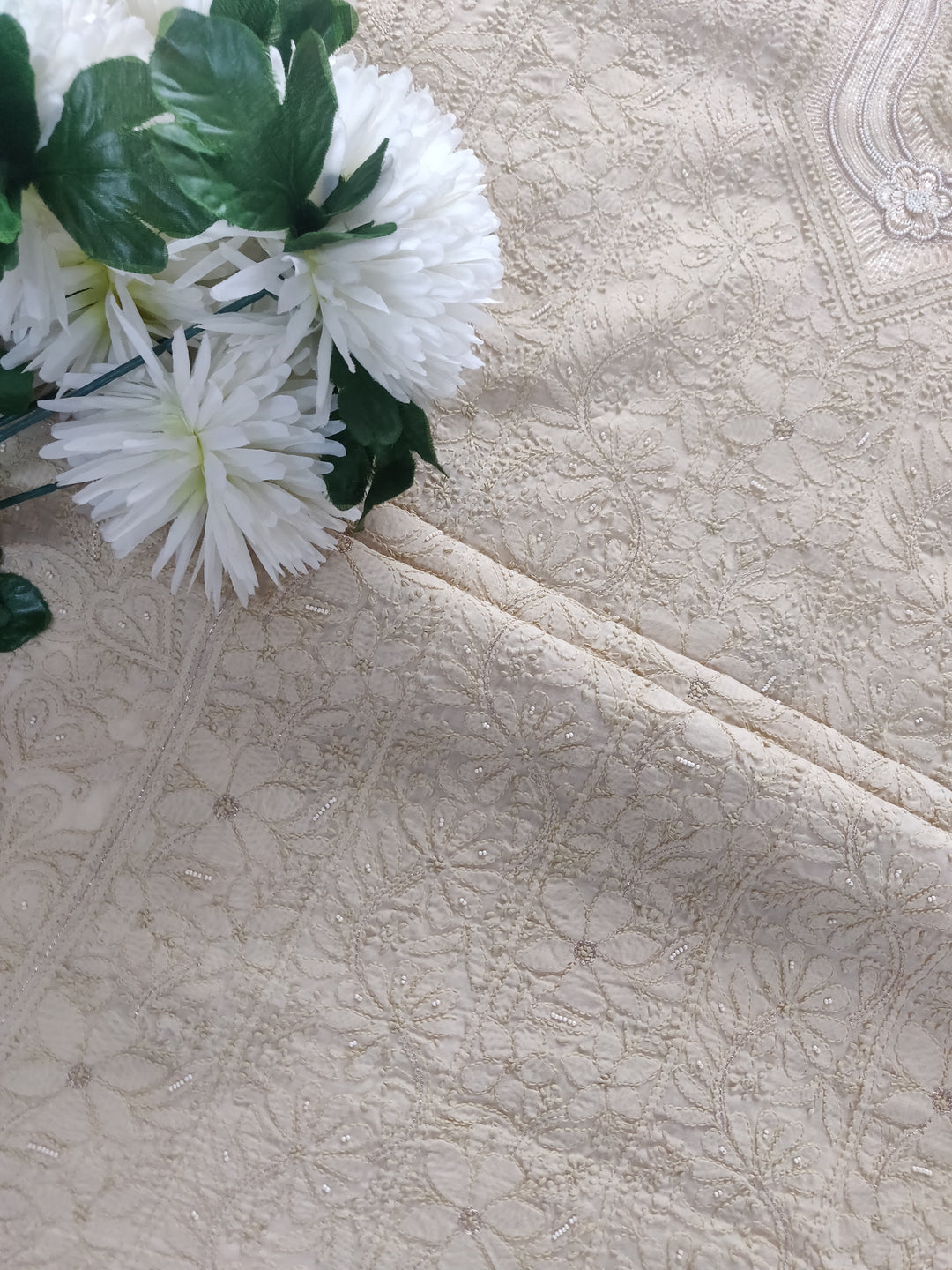 Beige Cotton Chikankari kurta Fabric