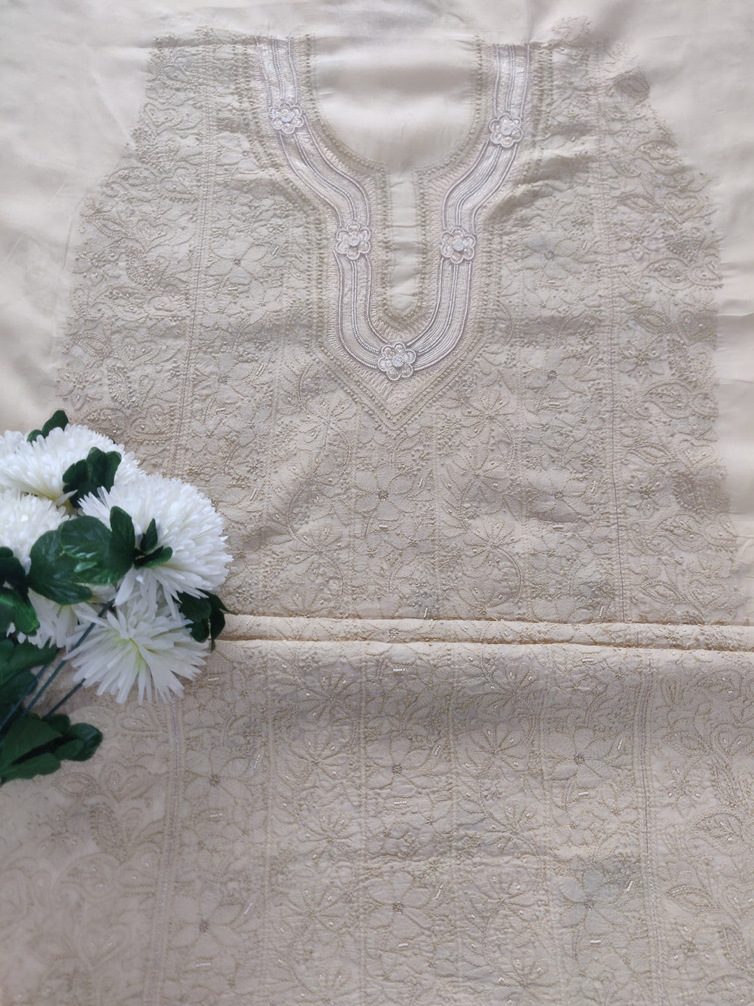 Beige Cotton Chikankari kurta Fabric