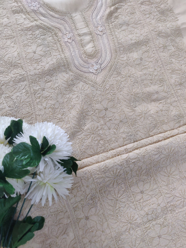 Beige Cotton Chikankari kurta Fabric