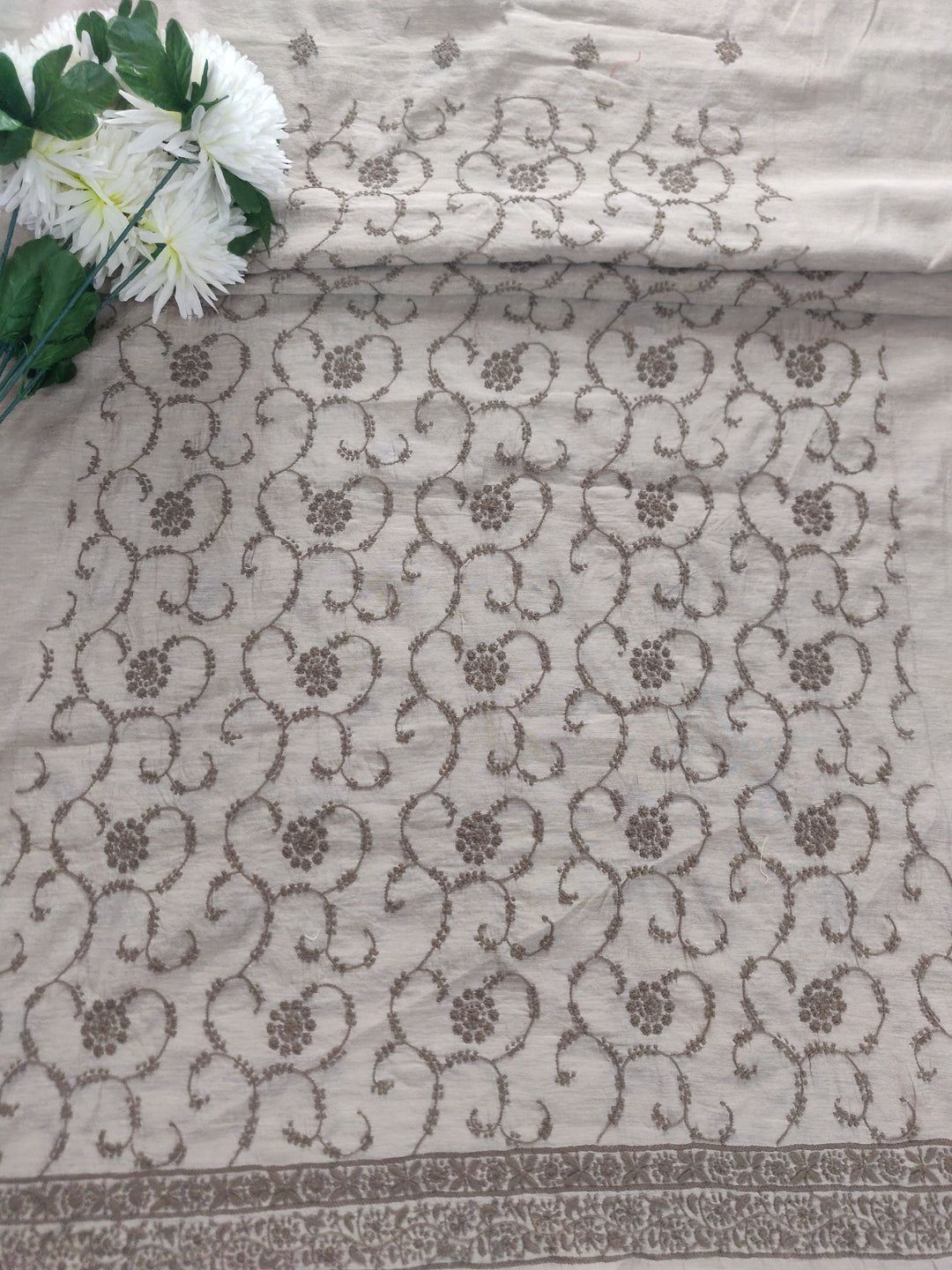 Beige Chanderi Chikankari kurta Fabric