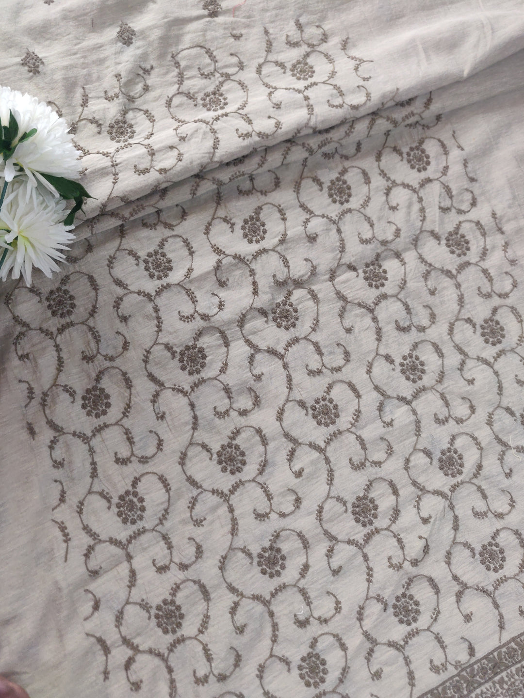 Beige Chanderi Chikankari kurta Fabric