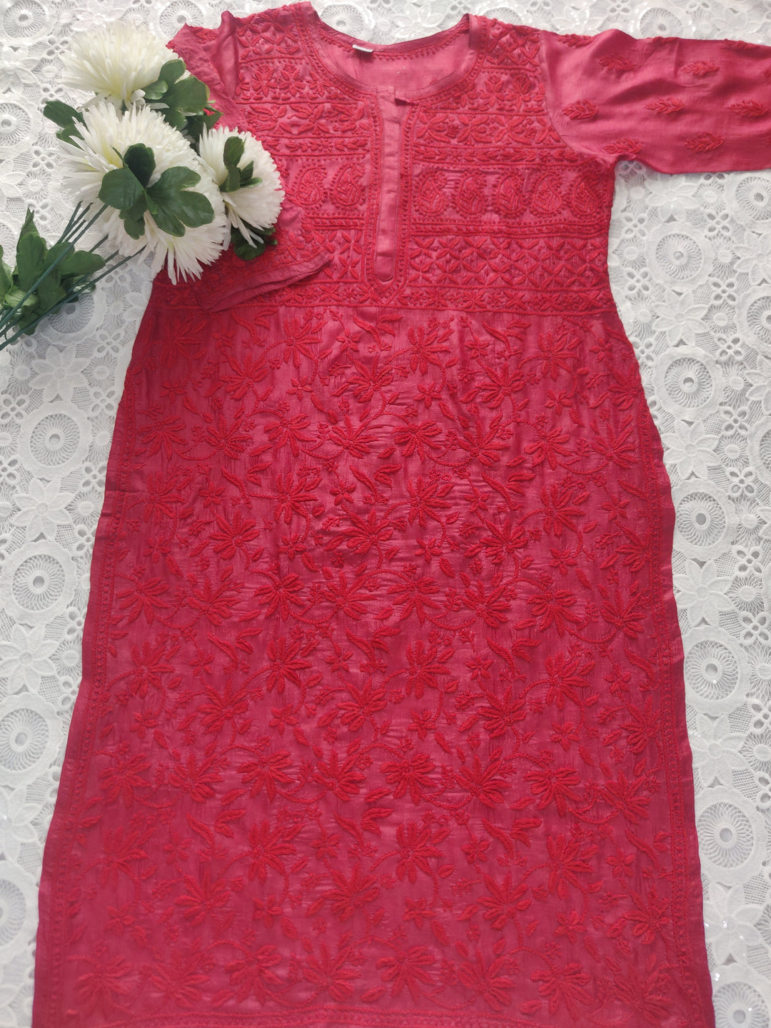 Maroon Silk Chikankari kurta