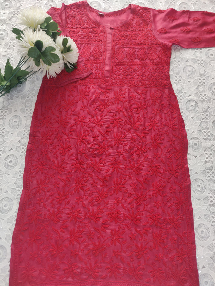 Maroon Silk Chikankari kurta