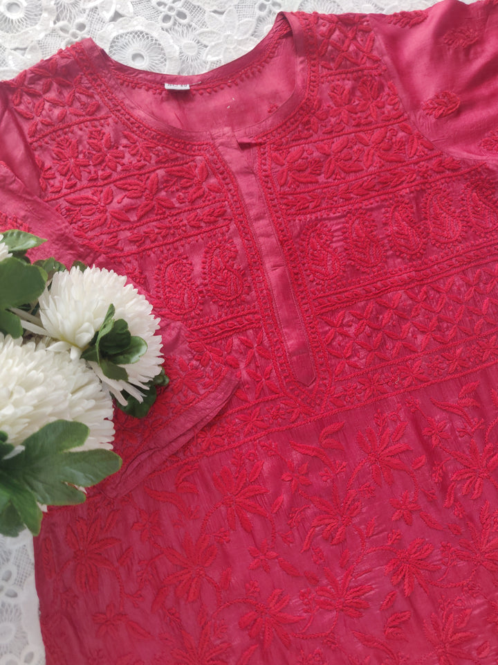 Maroon Silk Chikankari kurta