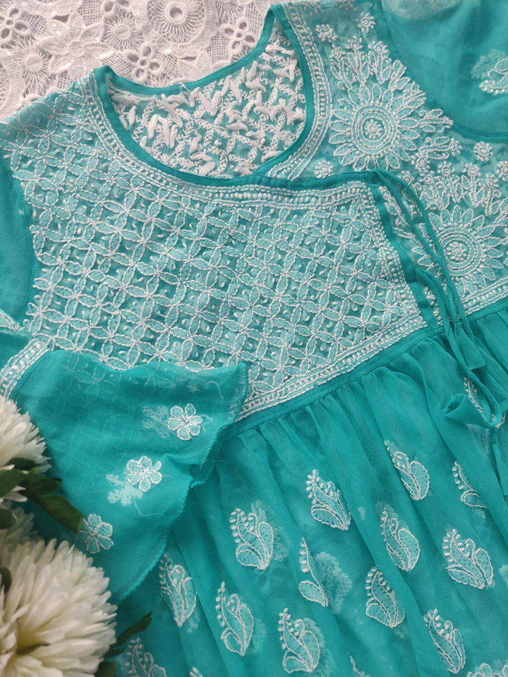 Sea Green Georgette Chikankari Short kurta