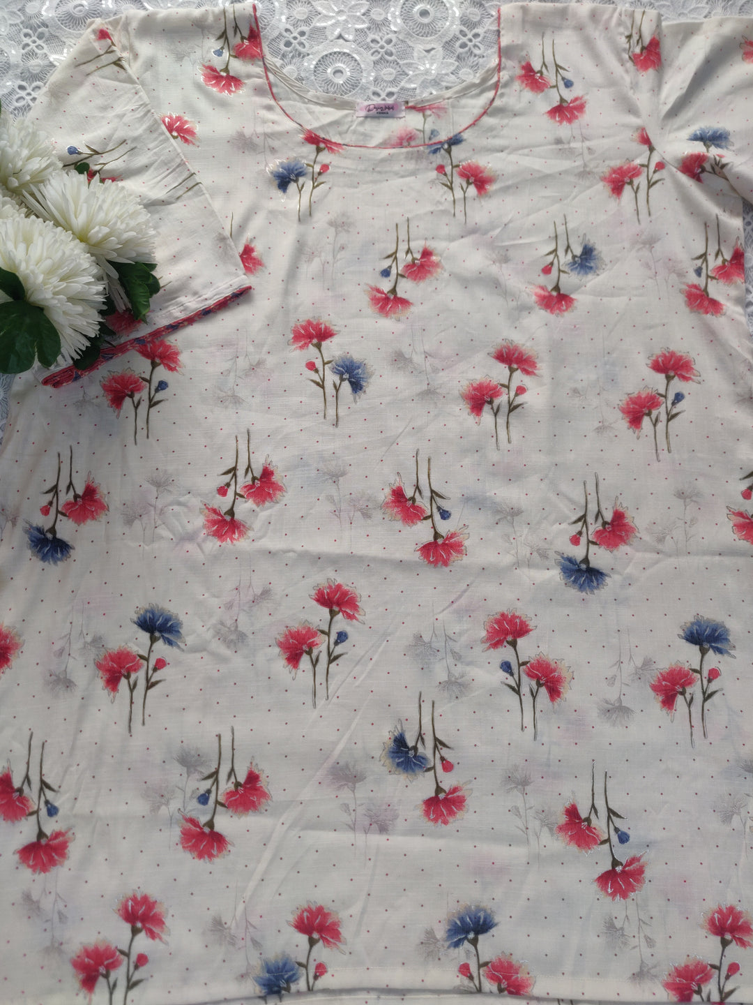 White Printed Cotton Short kurta