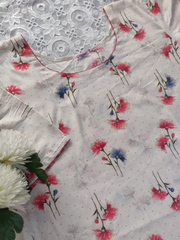 White Printed Cotton Short kurta