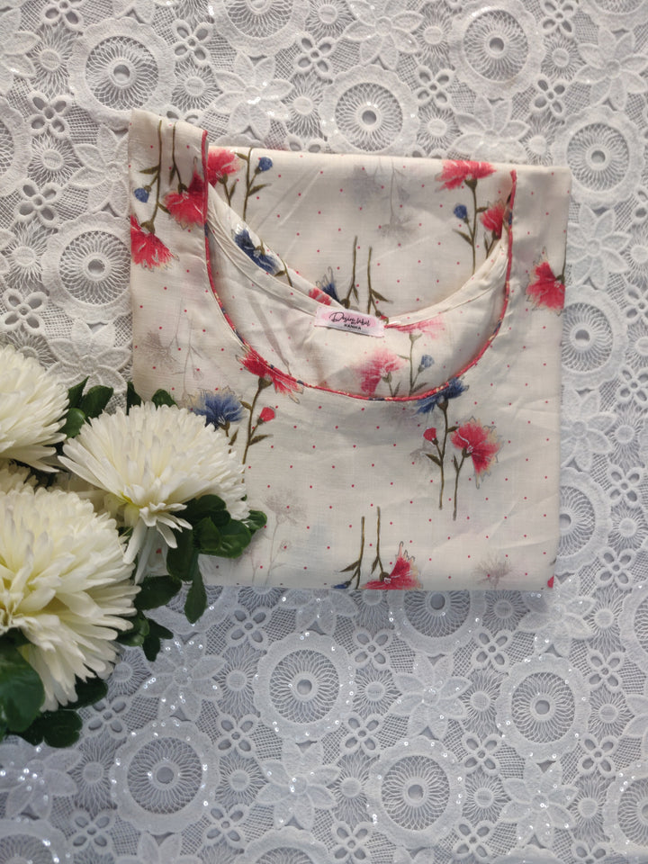 White Printed Cotton Short kurta