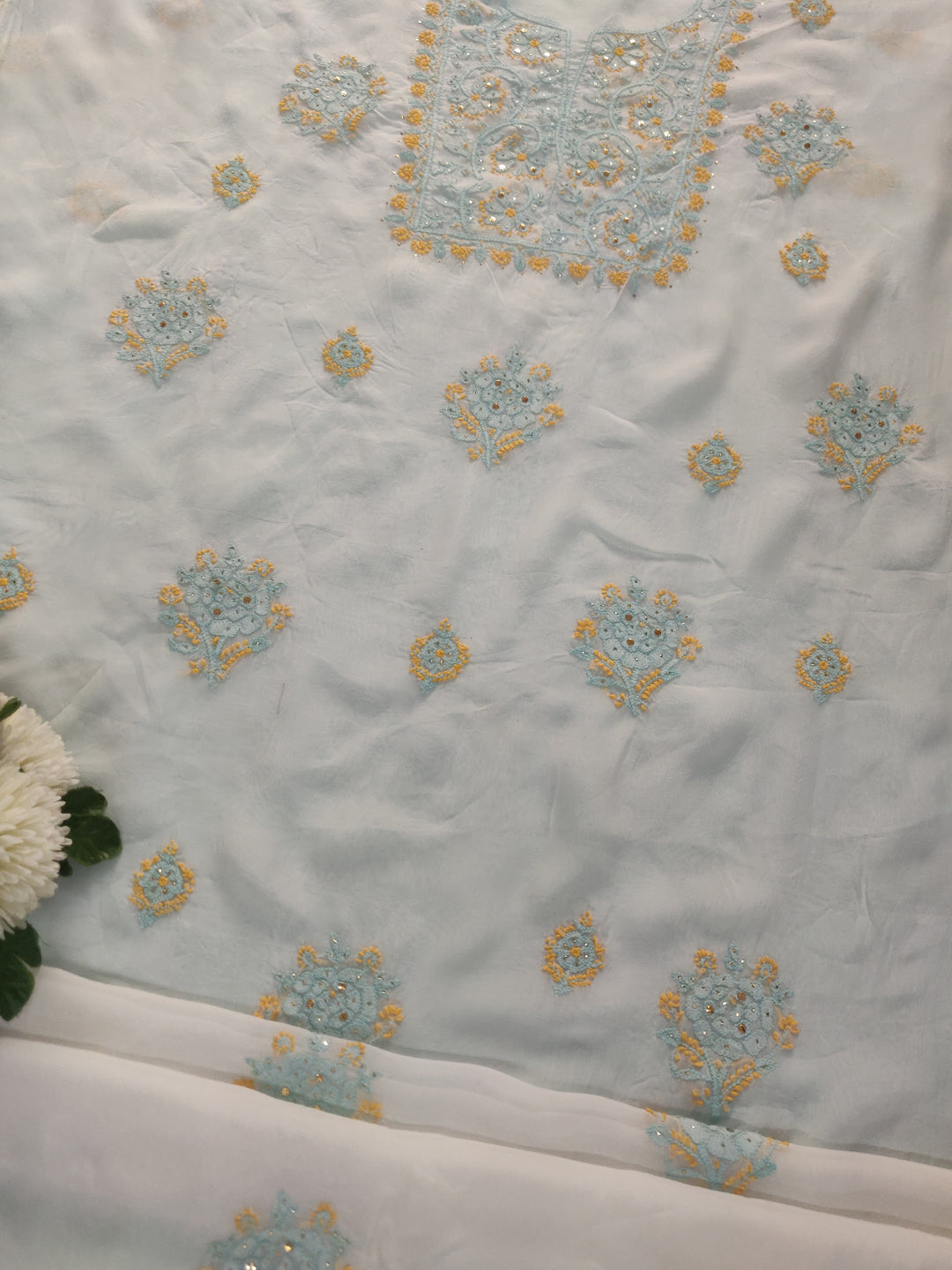 White Organza Chikankari Kurta Dupatta Fabric