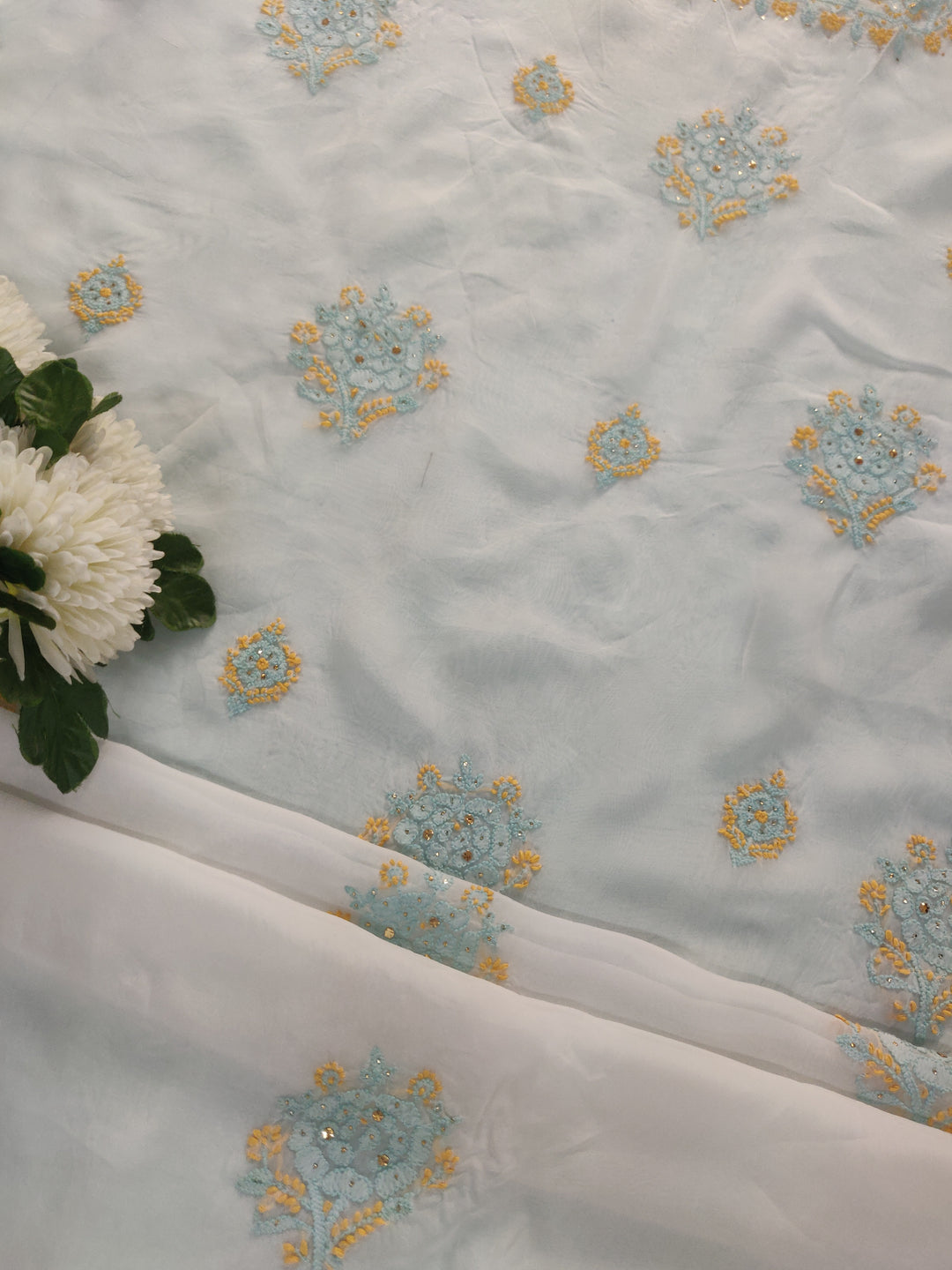 White Organza Chikankari Kurta Dupatta Fabric