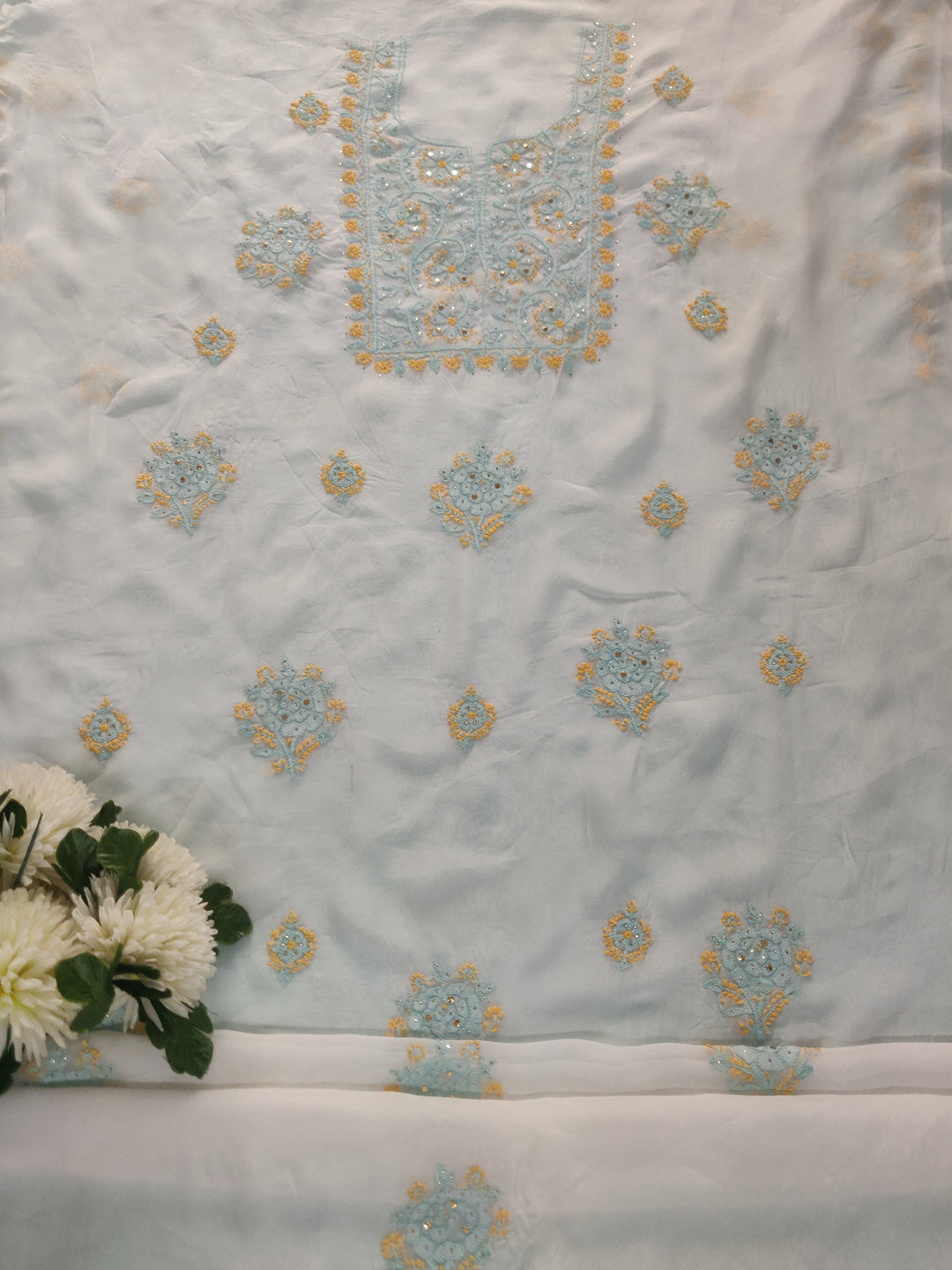 White Organza Chikankari Kurta Dupatta Fabric