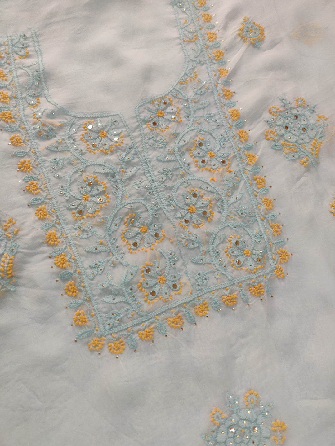 White Organza Chikankari Kurta Dupatta Fabric