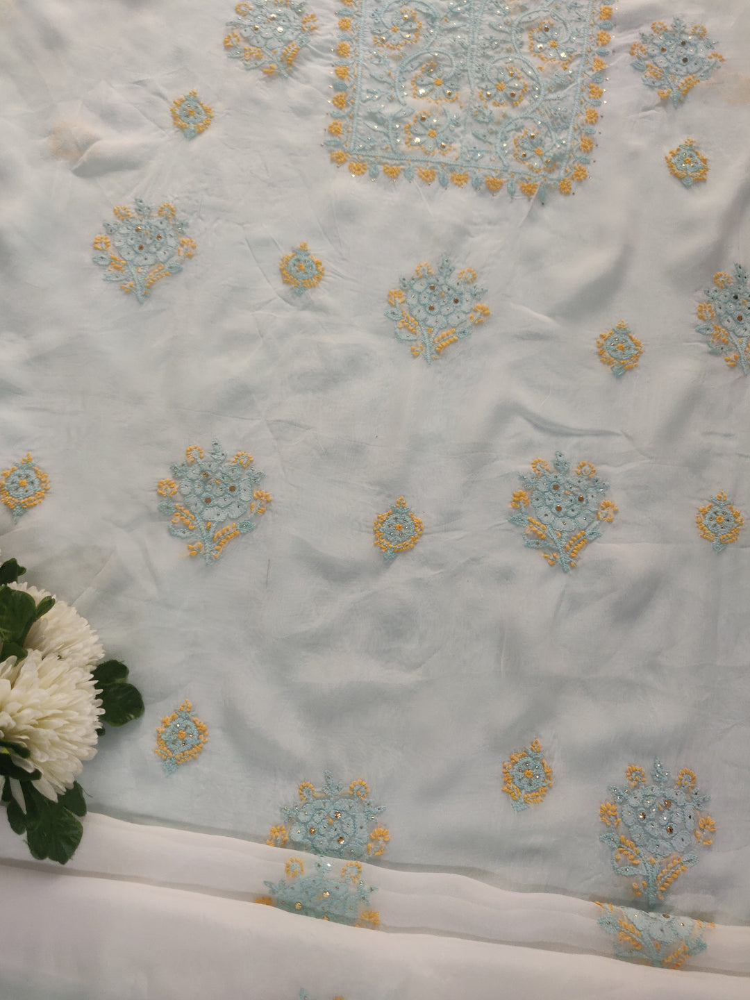 White Organza Chikankari Kurta Dupatta Fabric