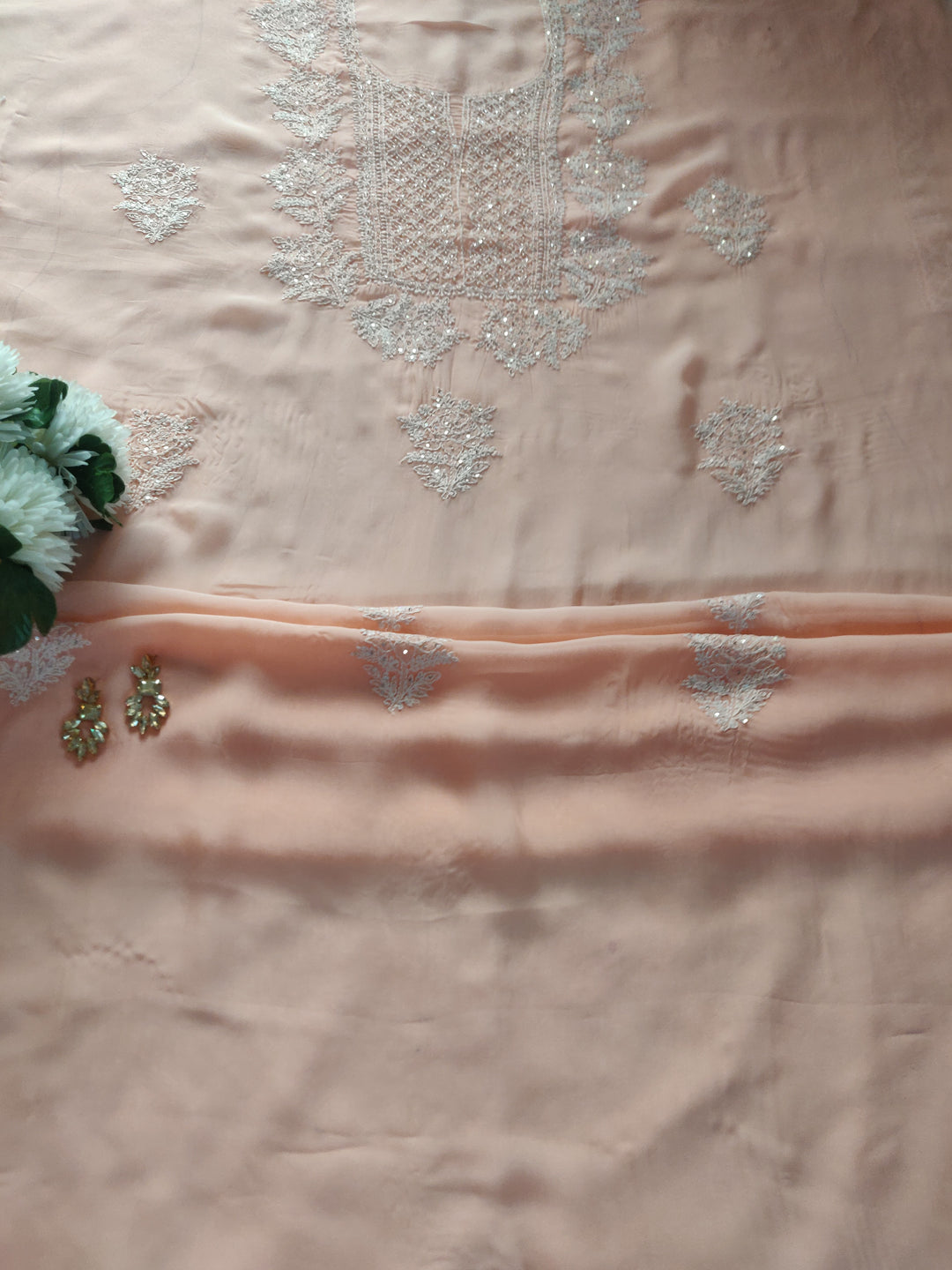 Peach Organza Chikankari kurta Dupatta Fabric