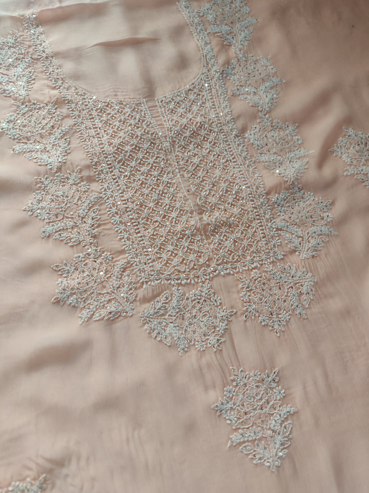 Peach Organza Chikankari kurta Dupatta Fabric