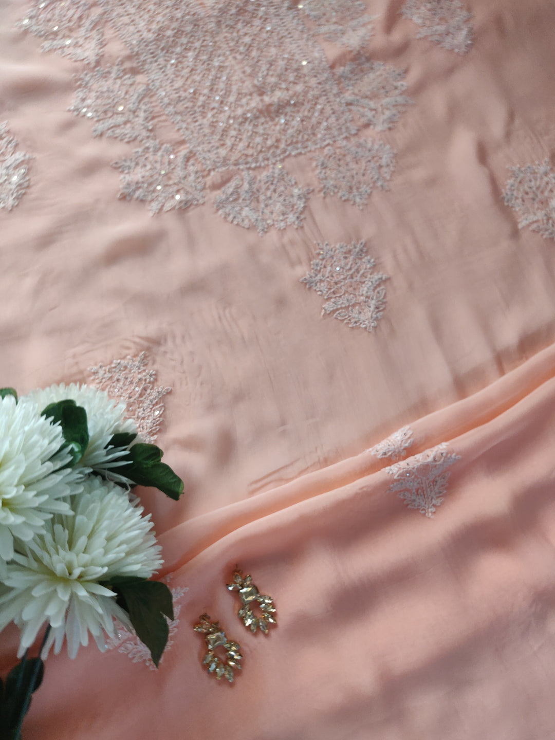 Peach Organza Chikankari kurta Dupatta Fabric