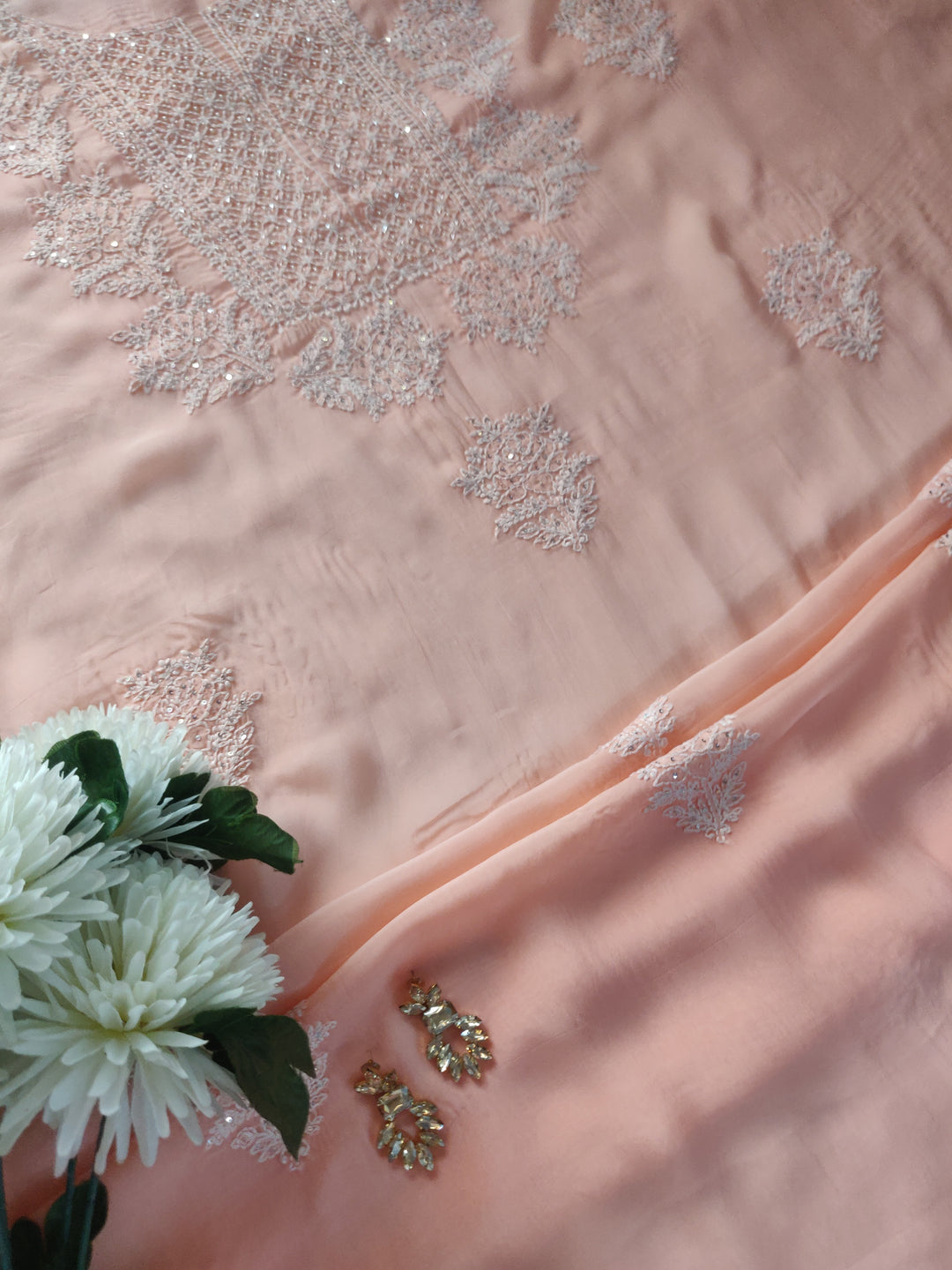 Peach Organza Chikankari kurta Dupatta Fabric